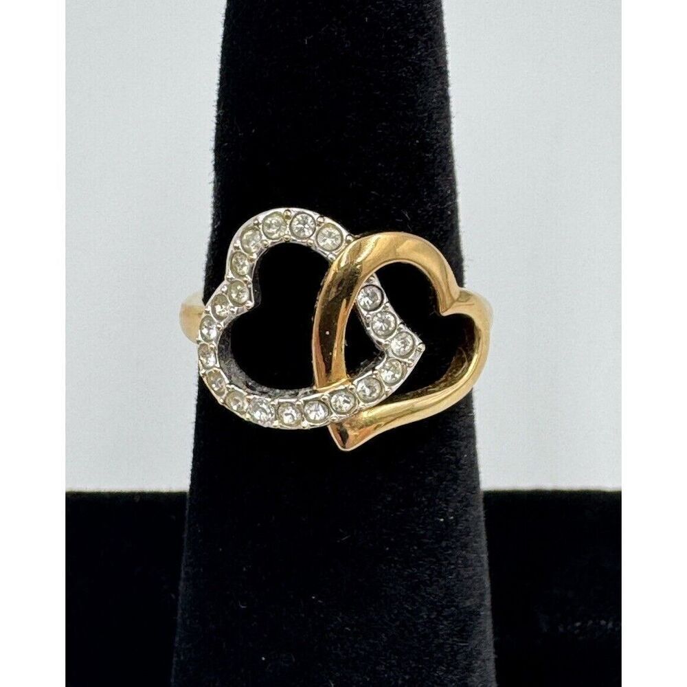 Swarovski Swan Signed Match‎ Ring Silver Gold Tone Pave Crystal Linked Hearts
